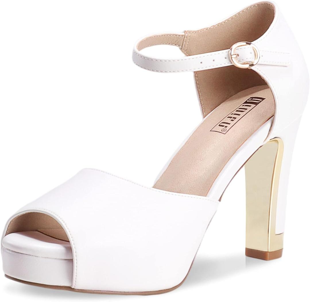 IDIFU Women's IN4 Mary Platform Chunky High Heels Sandals Peep Toe Dress Wedding Bridal Shoes For Women Bride Bridesmaid (8.5, White Pu Classic)