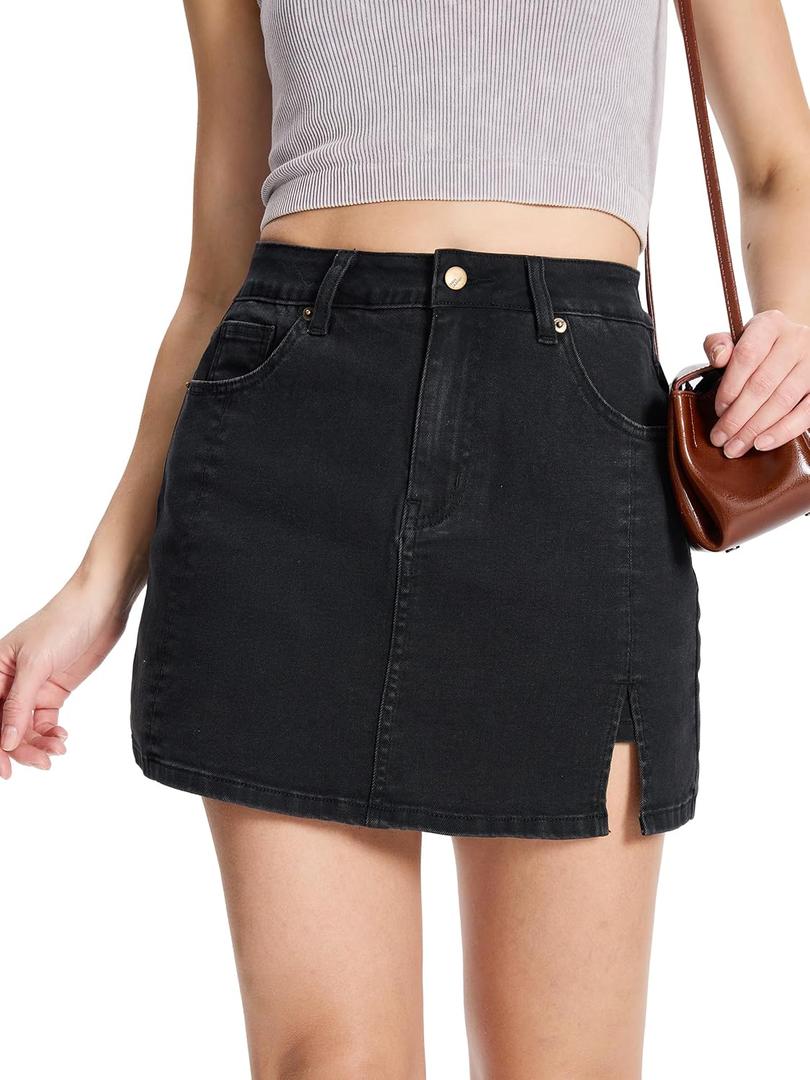 Tapata Skorts Skirts for Women High Waisted Denim Mini Casual Stretchy Jean Skirt Slit with Shorts (12, Black)