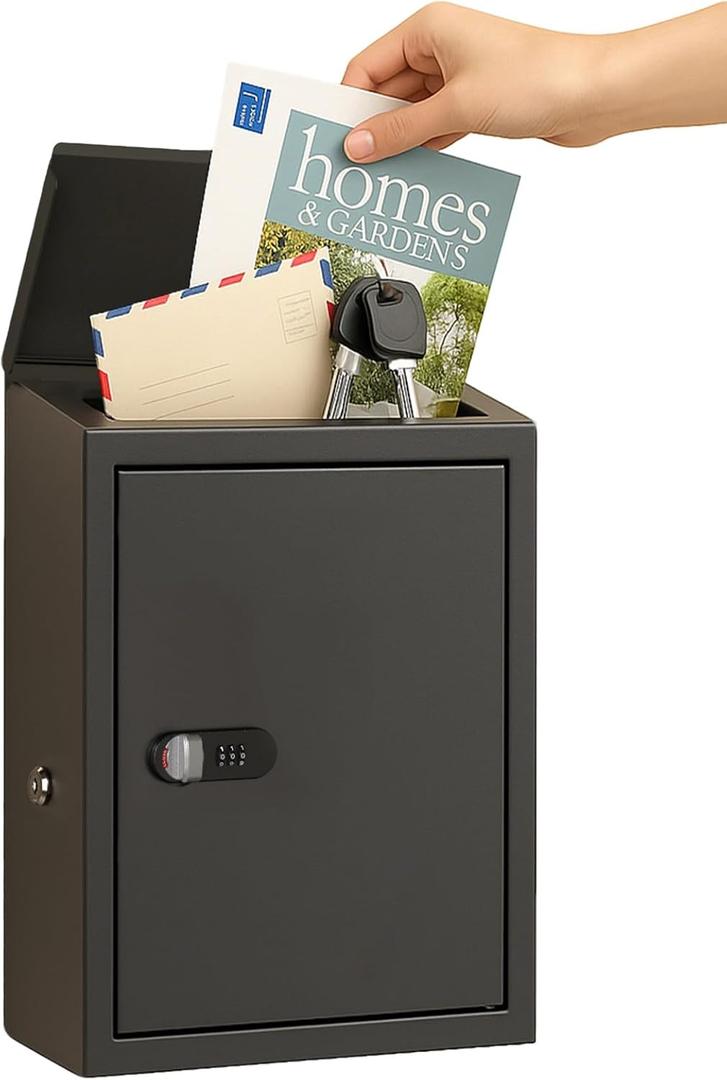 Mailbox with Combination & Key Unlock, Metal Mail Boxes Suggestion Box Wall Mount, Business Key Drop Box, Locking Post Box for House, Weatherproof, Large Capacity 14x4x10in,Black