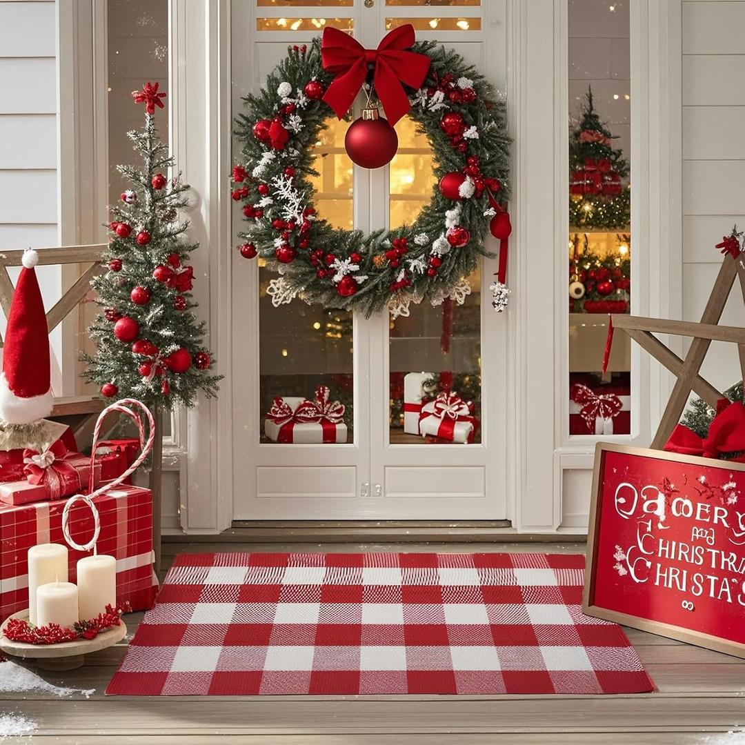 SEEKSEE Cotton Buffalo Plaid Rug 27.5"x43" Red and White Checked Rug Washable Doormats Indoor Outdoor Rugs for Layered Front Door Mats, Porch, Kitchen, Farmhouse, Entryway