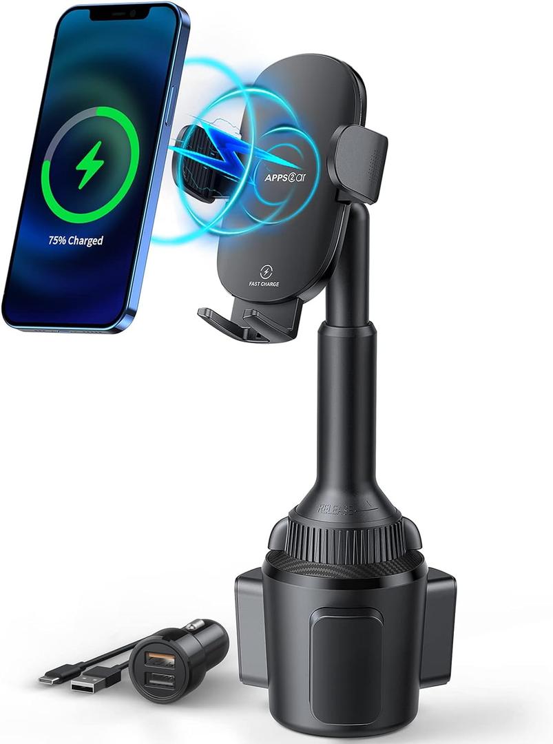APPS2Car Car Cup Phone Holder Wireless Charger with QC 3.0 Adapter, 15 Watt Qi Fast Charging, Compatible with iPhone 11/12/13/14/15/16/17/ Air/Pro/Max/Plus and Universal All Models Phone Holder