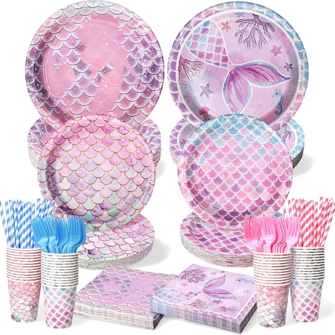300Pcs Mermaid Plates and Napkins Tableware Sets (Serve 50), Mermaid Party Supplies (Blending 2 Designs), Including Plates Napkins Cups Straws and Forks, Party Decorations