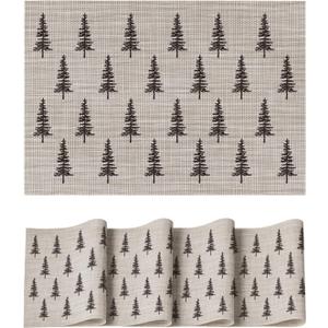 Artoid Mode Xmas Tree Christmas Vinyl Placemats Set of 4, 12x18 Inch Wipeable Winter PVC Woven Table Mats for Party Kitchen Dining Decor (Beige)