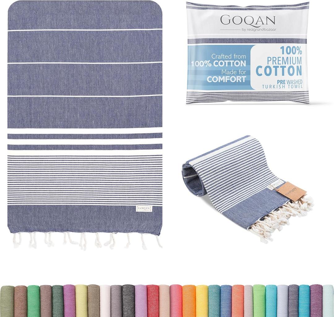 GOQAN Turkish Beach Towel Oversized 39x71 | Thin, Lightweight, 100% Cotton and Sand Free Towel is Suitable for Beach, Bathroom, Pool, Travel & Swim | Odor Free Thx to Quick Dry Property - Dark Blue