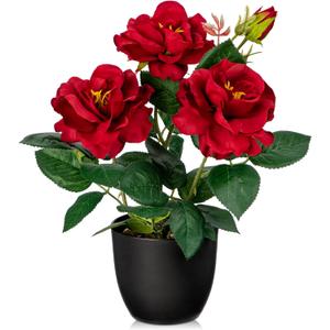 Hollyone Artificial Plants & Flowers with Vase Red Roses Artificial Flowers Small Potted Plant Faux Silk Flower with Black Pot Fake Rose Flower Arrangement Office Shelf Desk Home Decor 11 Inch