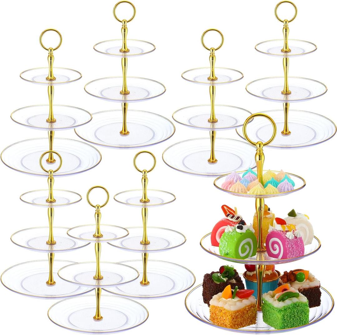 8 Pack 3 Tier Cupcake Stand Bulk Tiered Dessert Stand Thick Plastic Serving Tray with Gold Edges Dessert Table Display Set Tea Cake Holder for Wedding Birthday Party(Clear)