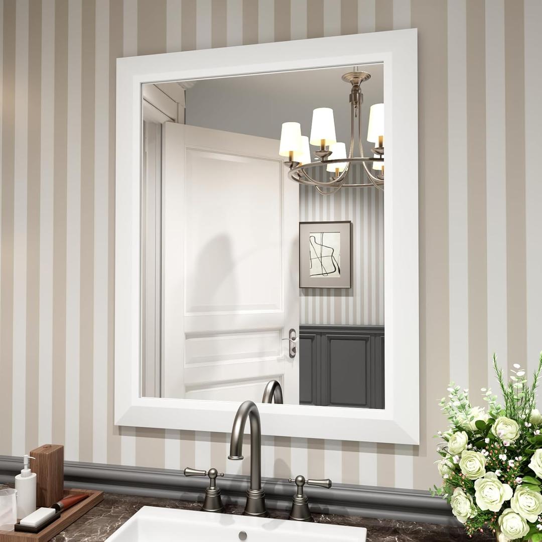 Amorho Bathroom Mirror, 24x30 Inch White Thick Metal Framed Wall Mirrors for Over Sink, Bedroom, Living Room, Entryway, Rectangle Wall-Mounted Mirrors(Horizontal/Vertical). (30"L x 24"W)