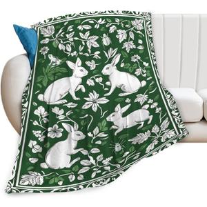 Tijuboni Rabbit Throw Blanket - Botanical Hare Insect - Bunny Gifts for Girls Women Boys Men Kids Adults Soft Flannel Fleece Blanket for Couch Sofa Bed Home Decor 40"x50" (Nature Green)