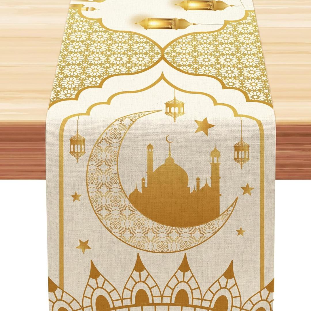 Ramadan Decorations for Home Gold Ramadan Table Runner(13x90 Inch) Eid Dinner Table Decor Tree Lantern Castle Moon Star Kitchen Holiday Party Favors Supplies Mubarak Runner Cover Cloths Gifts