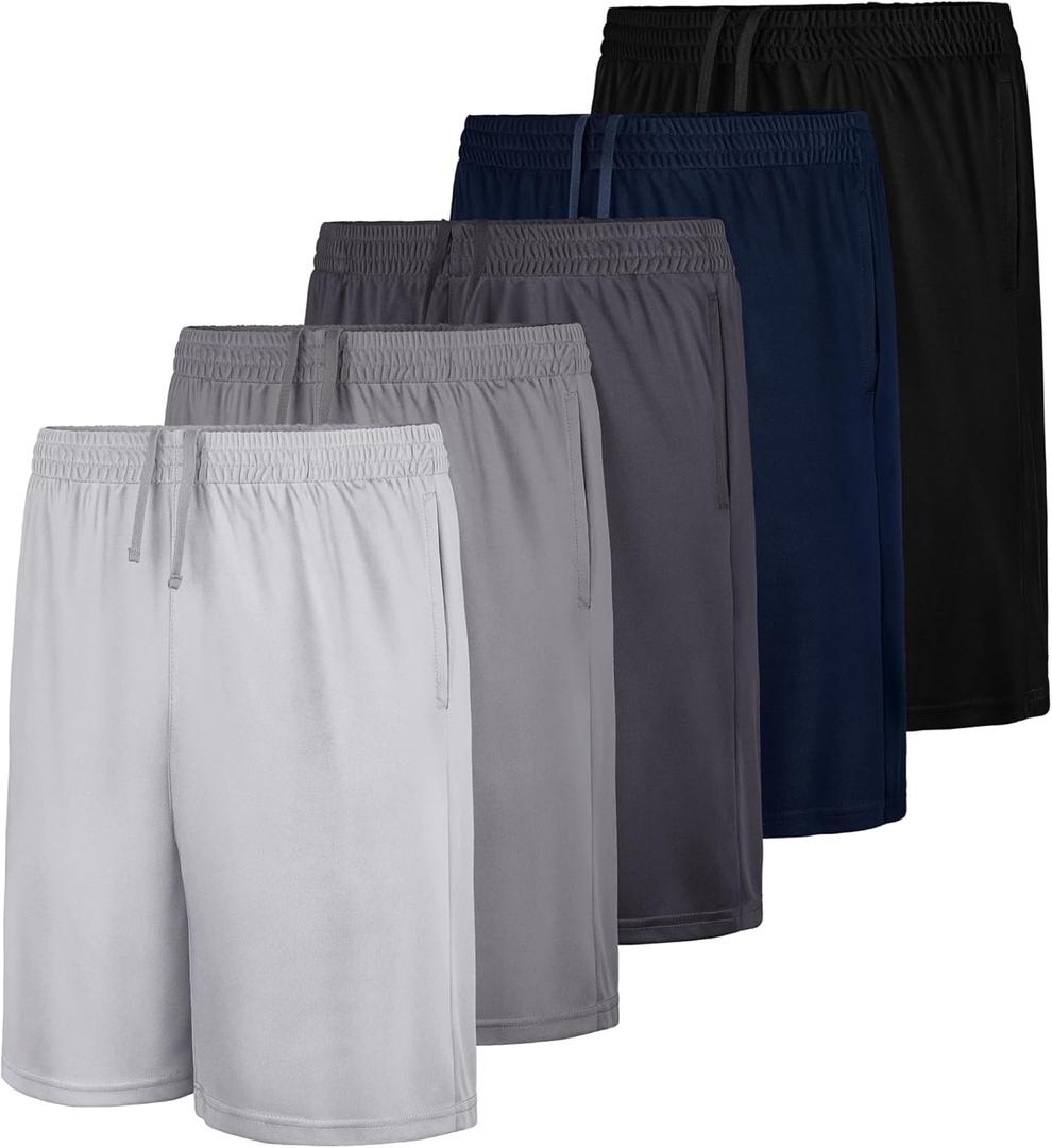QWE 5 Pack Boys Athletic Shorts, Youth Basketball Soccer Quick Dry Shorts with Pockets for Kids Outdoor Running Gym, Size: Large