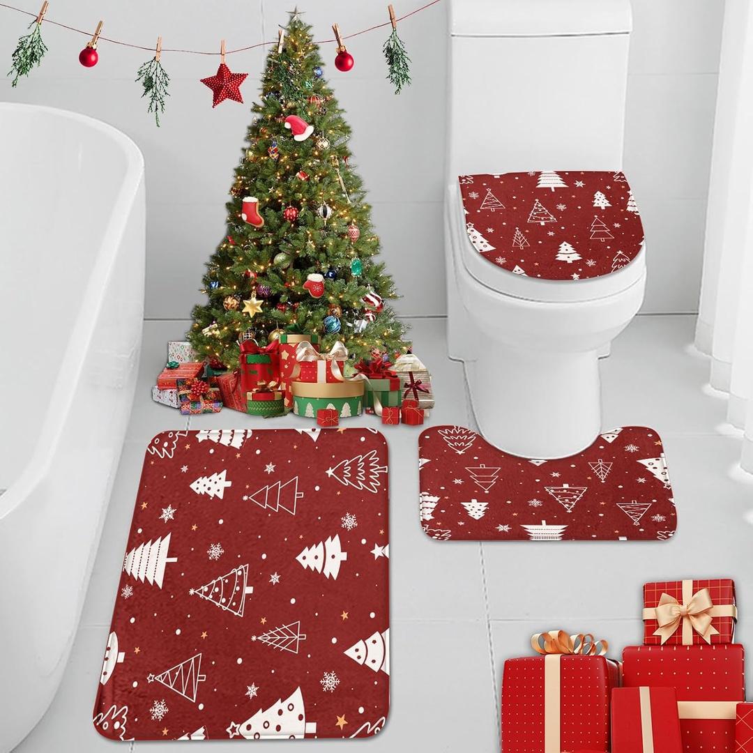 ArtSocket Christmas Bathroom Rug and Mat Set 3 Piece, Christmas Trees Red Xmas Snowflakes Bath Rugs Non Slip, Winter Absorbent Microfiber Memory Foam Machine Washable Bathroom Floor Mat
