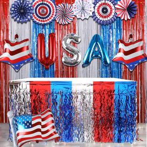4th of July Independence Day Patriotic Party Supplies Set USA Hanging Paper Fans Foil Fringe Curtains Backdrop Metallic Tinsel Table Skirt USA Flag Foil Balloon for Independence Day Party Supplies