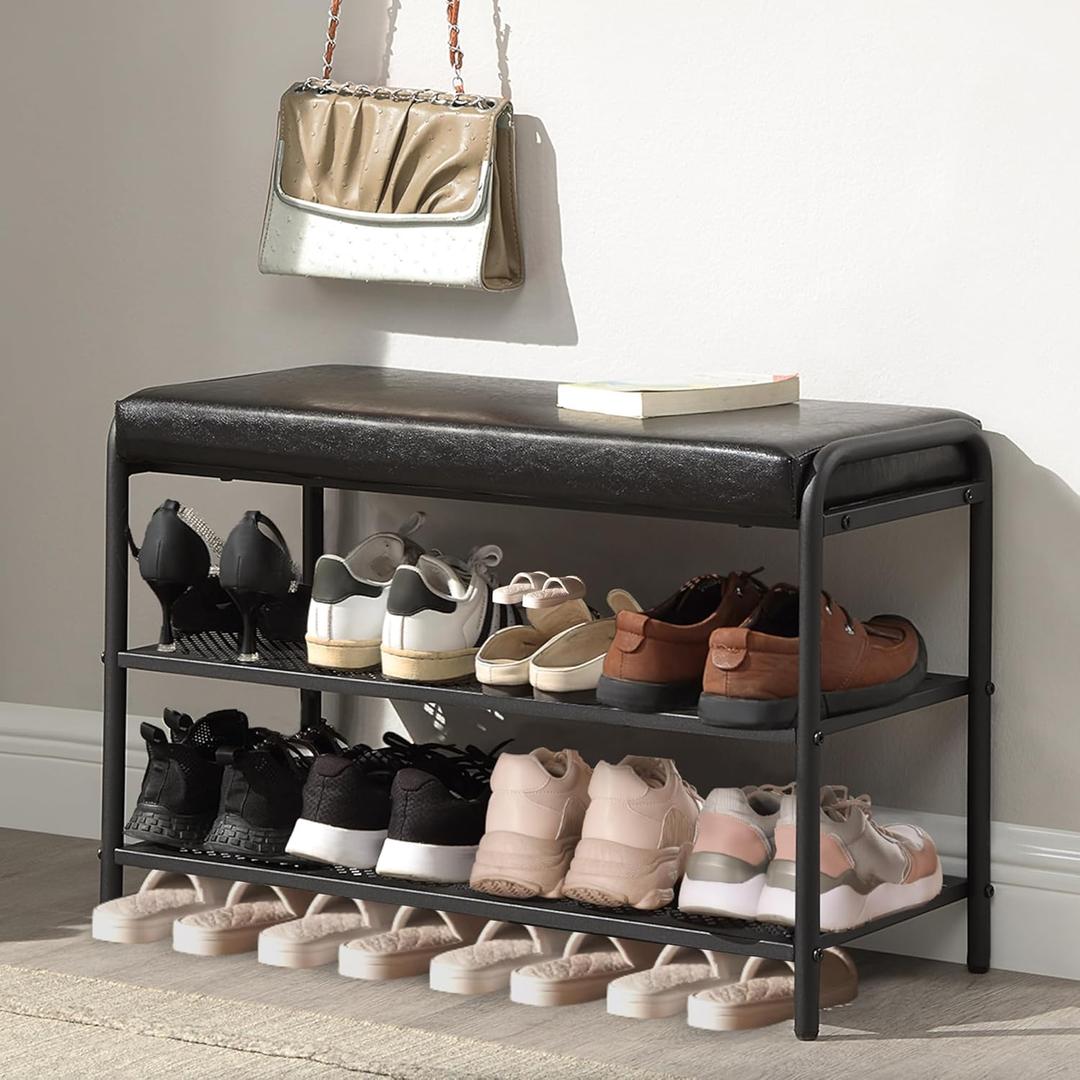 Shoe Rack Bench,3 Tiers Shoe Storage Organizer,Synthetic Leather Entryway Bench,Ottoman Bench with Metal Frame,Holds Up to 300 lb,for Bedroom Livingroom,Black