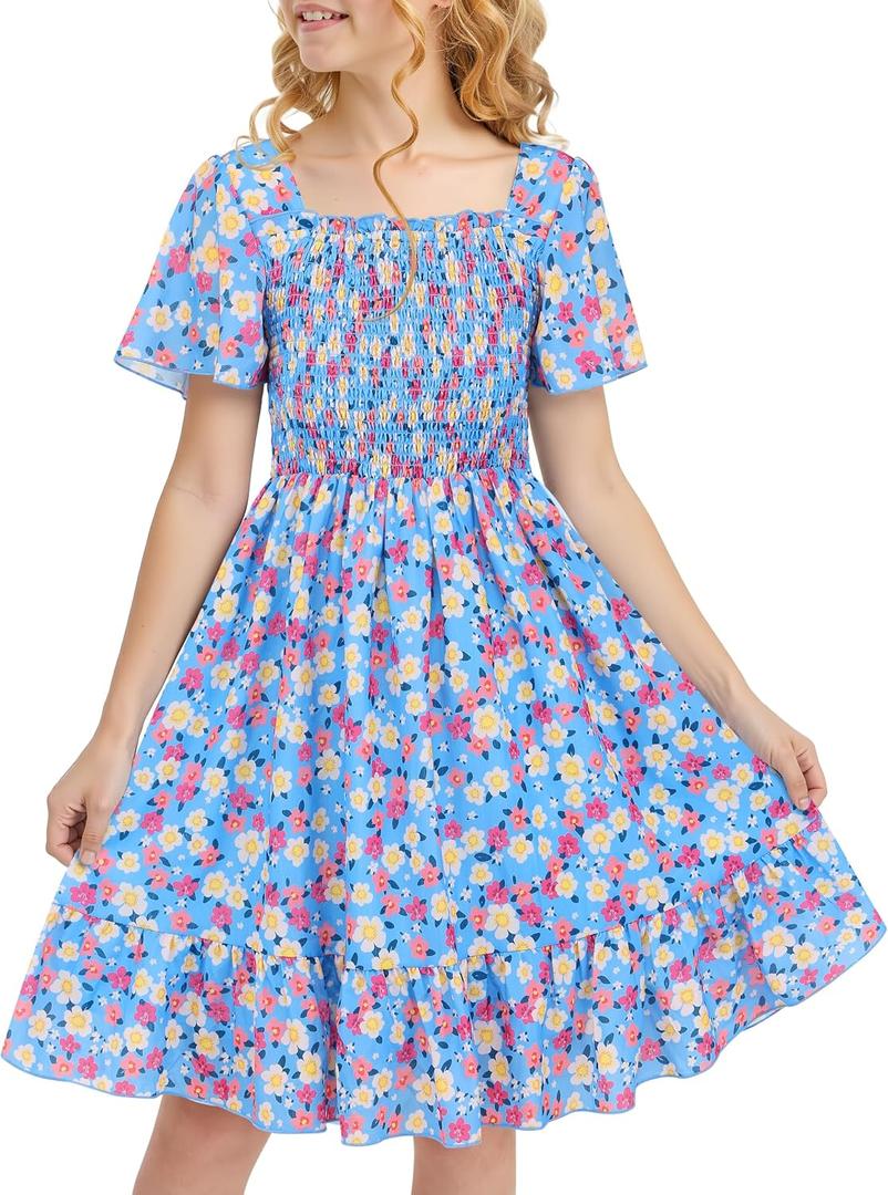 Cubear Ruffle Sleeve Dress for Girls Floral Short-Sleeves Smocked A-Line Dresses Kids Midi Casual Summer Spring Sundress (Blue)