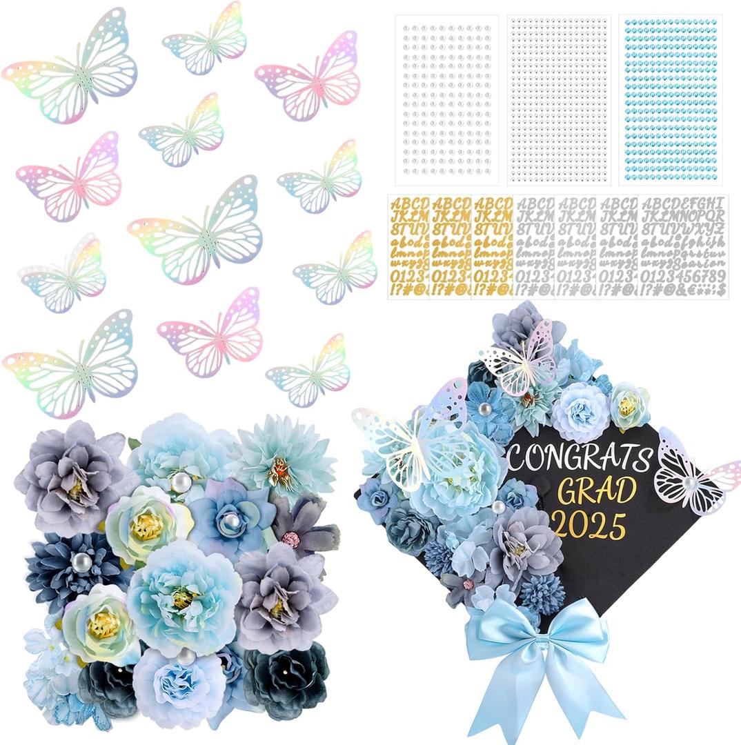 41 Pcs DIY Graduation Cap Decorations Kit with Silk Flowers, 3D Butterfly, Bow, Pearl Positioning Pin, Pearl Rhinestones Sticker, Number and Letter Stickers, Blue Cap Decor for Sublimation Grad Topper