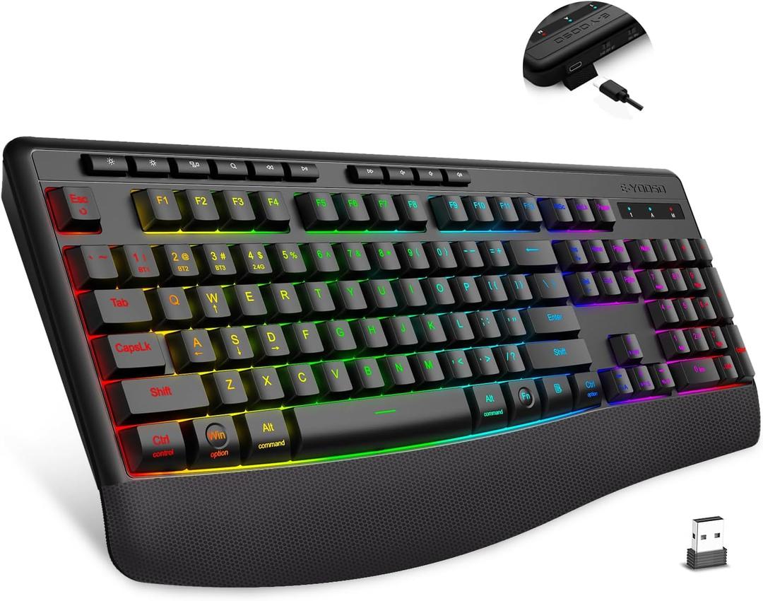 E-YOOSO Wireless Bluethooth Silent Backlit Gaming Keyboard,Tri-Mode BT5.0/2.4GHz/Wired,8 RGB Light up,Ergonomic,USB C Rechargeable,for Typing/Office/Home/PC Computer/Mac/Laptop/IPad/Xbox/PS5
