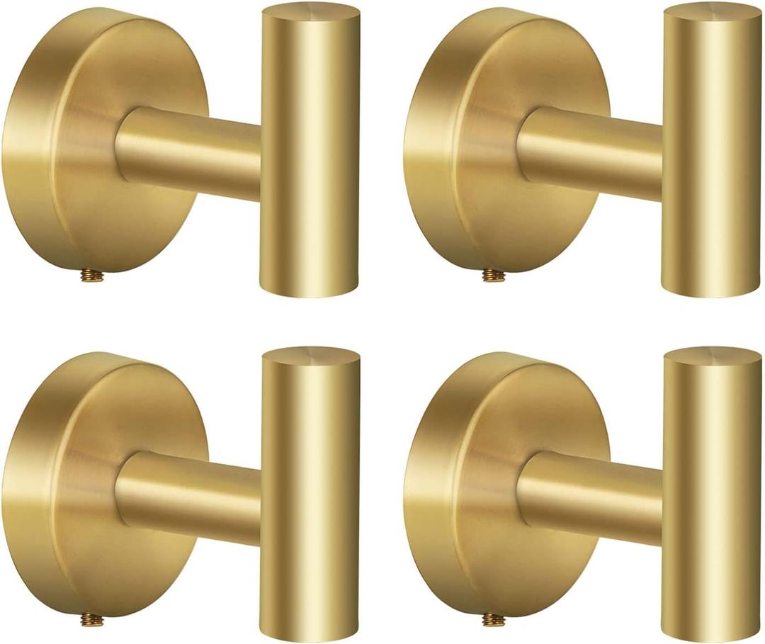 Towel Hooks Bathroom Coat Hooks Robe Hook Stainless Steel Heavy Duty Door Hanger Towel Robe Clothes Cabinet Closet Sponges Wall Hook for Bedroom Kitchen Hotel 4 Packs (Gold) (Drilling)