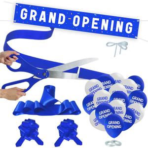 Grand Opening Blue Ribbon Cutting Ceremony Kit - 25" Giant Scissors with Blue Satin Ribbon, Banner, Balloons,Bows and More Supplies Grand Opening Decorations for Business