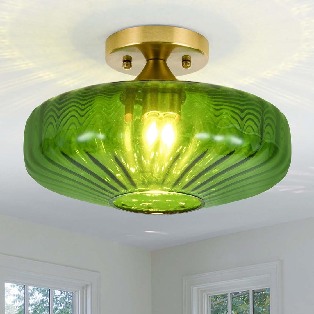 Semi Flush Mount Ceiling Light,Green Glass Vintage Ceiling Light Gold Base 12Inch E26 Base, Hallway Vintage Lights for Living Room, Kitchen, Bathroom 1 Light(Bulb Not Included)