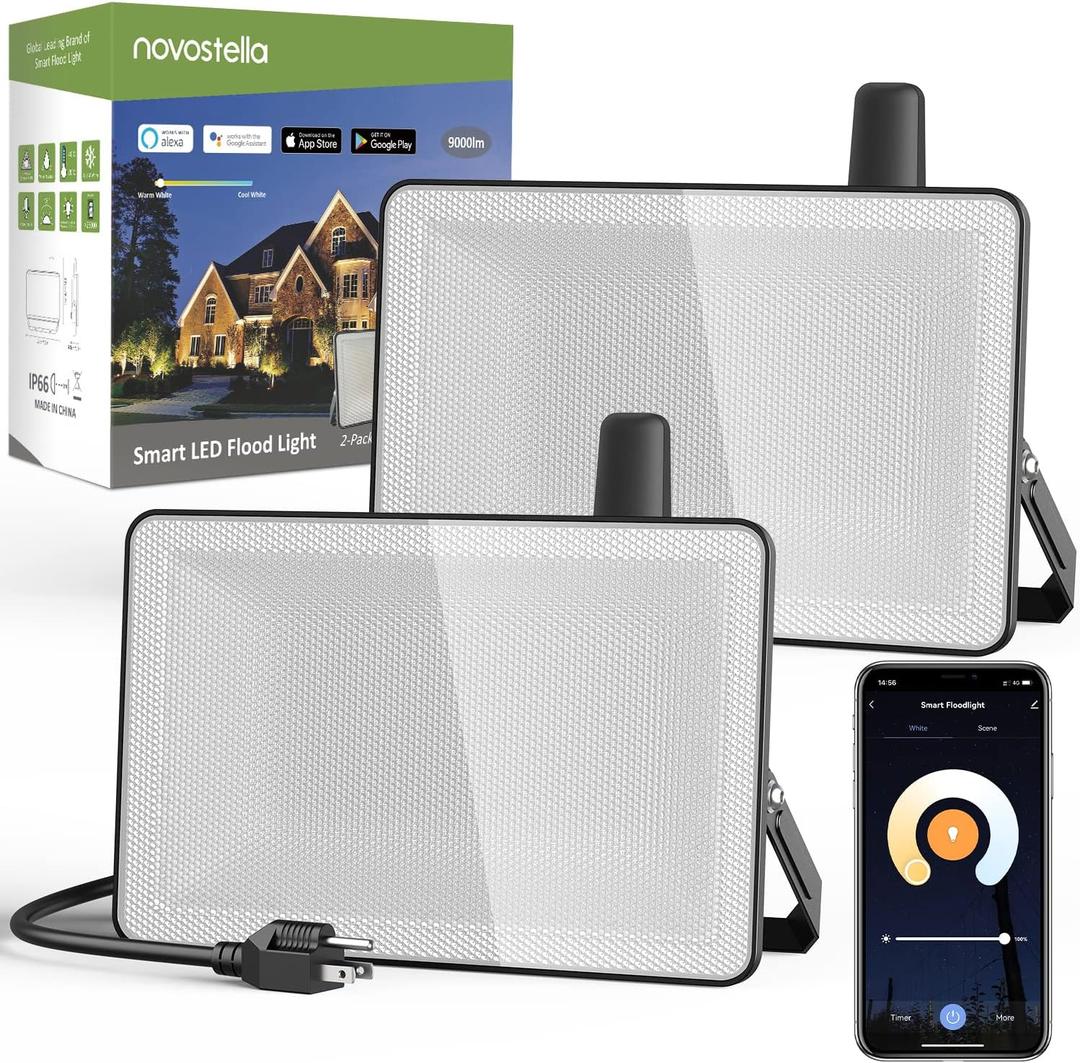 NOVOSTELLA 2 Pack 100W Smart LED Flood Light, Total 18000LM Super Bright Flood Light Outdoor IP66 Waterproof, Tunable White 2700K-6500K Outside Alexa Floodlight for Yard Stadium Garage Porch Lawn
