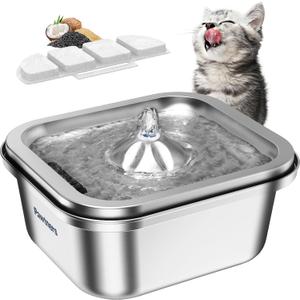 Cat Water Fountain Stainless Steel: 4L/140oz Pet Fountain Water Bowl Indoor, Automatic Dog Drinking Dispenser, Cat Feeding Watering Supplies, Metal Kitty Waterer Fountain, 1 Replacement Filters