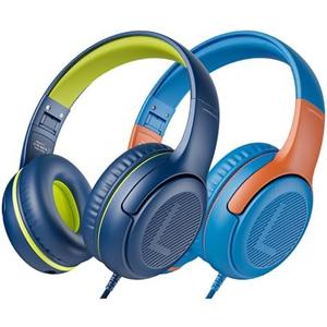 awatrue 2PCS Kids Headphones for School Travel, 85/94dB Safe Volume Limit, 3.5mm Jack, HD Mic, Portable Wired Headphone with Shareport, Stereo Sound On-Ear Headphones for Toddler Kids Girls Boys