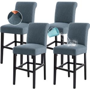 H.VERSAILTEX 100% Waterproof Barstool Covers Slipcovers Washable Counter Stool Pub Chair Slipcover for Dining Room Removable Jacquard Crizzle Pattern Height Stool Seat Covers Set of 4, Stone Blue