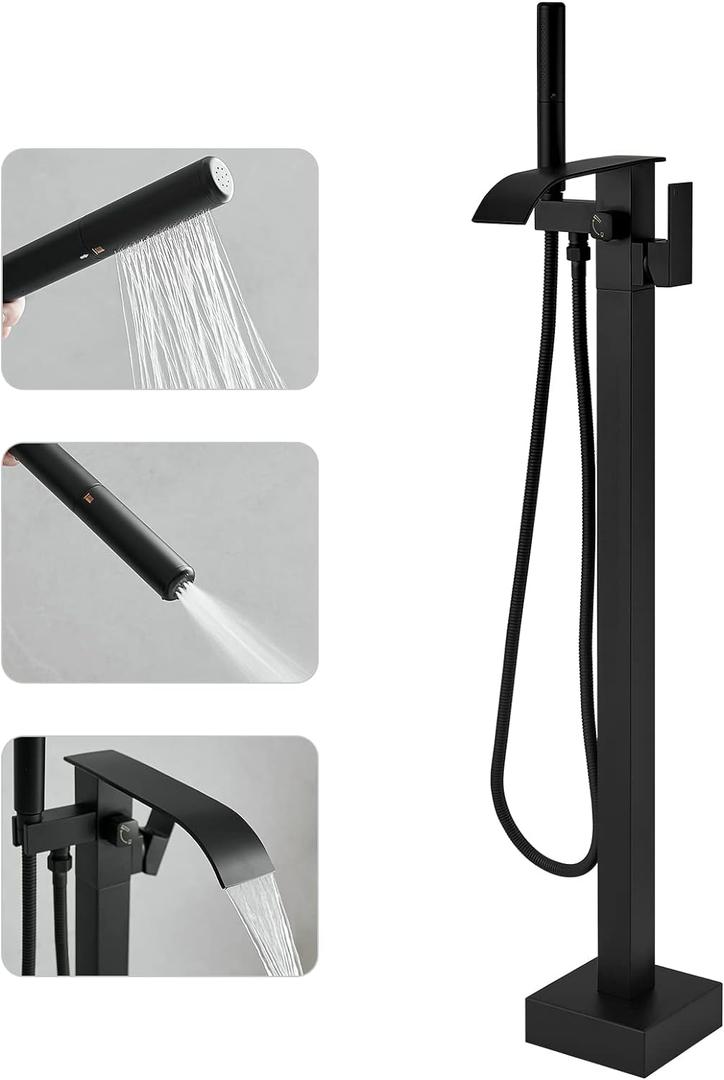 RUMOSE Tub Filler Freestanding Bathtub Faucet Matte Black Floor Mount Tub Faucet Waterfall Free Standing Bathtub Filler High Flow Brass Bath Shower Faucets with Handheld Sprayer