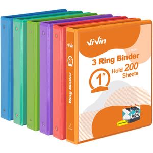 ViVin 1 Inch Round Ring View Binder for Durability, Standard 3 Ring Binder for 200 Sheets of US Letter Size Paper, PVC-Free, 6-Pack (Assorted)