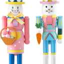 2 Pcs Easter Bunny Nutcracker 10 Inch Traditional Rabbit Wooden Nutcrackers Easter Wood Decorative Bunny Figurine Ornament for Tabletop Plaque Decor