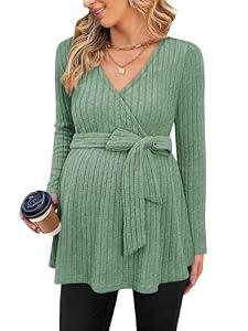 Womens Maternity Shirts Long Sleeve Pregnancy Tops V Neck Ribbed Knit Tie Front Wrap Breastfeeding Shirts Light Green XL