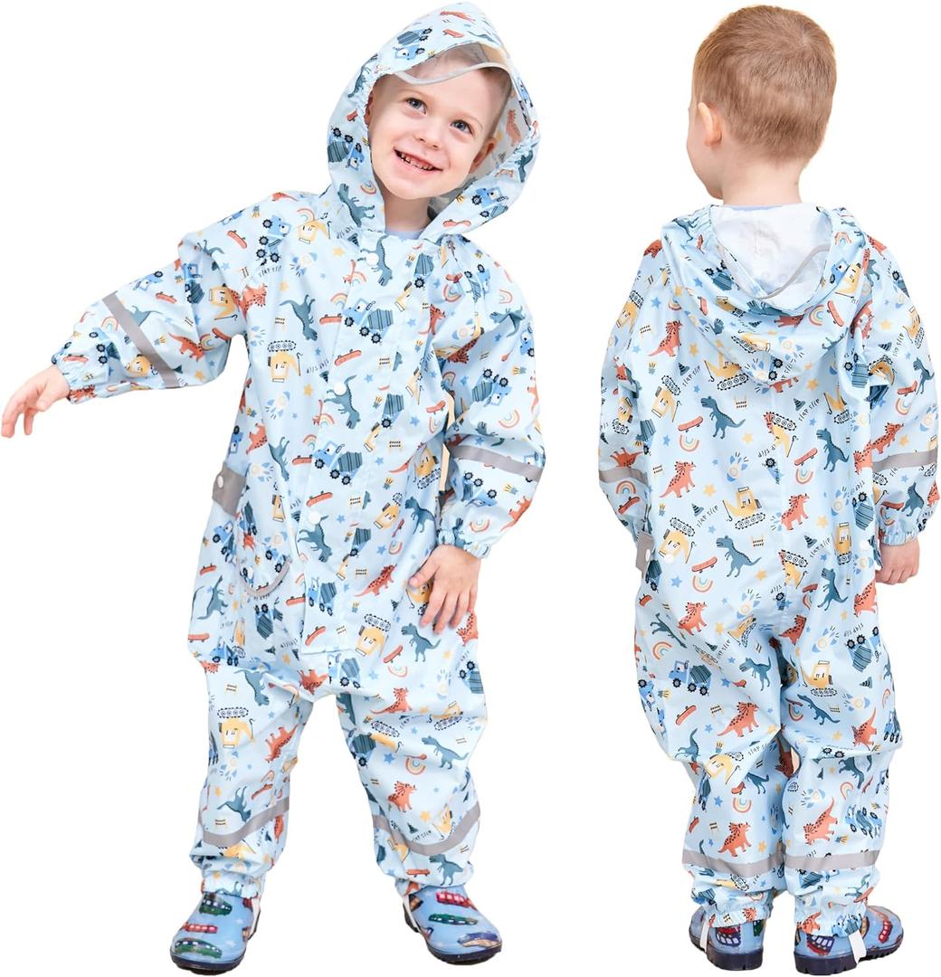 Kids Toddler Rain Suit for Boys Girls One Piece Hoodie Zipper Cartoon Waterproof Coverall Rain Jacket 1-10 Years (Blue, L)
