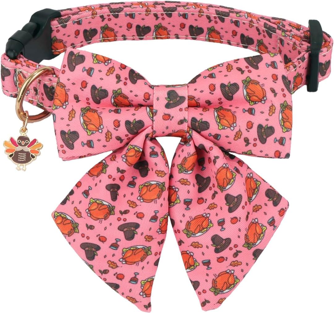 PTDECOR Thanksgiving Dog Collar with Bowtie Adjustable Pink Turkey Collars Thanksgiving Collars for Small Dogs Pets (Small) (Neck 10"-14", Width 0.6")