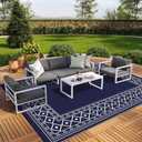 GENIMO Outdoor Rug Waterproof for Patio Decor, 9'x12' Foldable Reversible Plastic Straw Carpet for Travel Trailers, Outside Area Mat for Rv, Deck, Picnic, Porch, Camper, Balcony, Beach, Blue & White