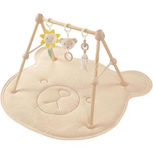 4-in-1 Wooden Baby Play Gym & Activity Mat, Soft Cotton Tummy Time Mat for Babies 0+,with 3 Detachable Toys for Sensory & Motor Skill Development,Newborn Infant Baby Essentials Gift,Bear (Brown)