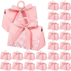 MotiMind 30 Sets Wedding Favor Boxes with Ribbon and Wooden Handle, Pink Favor Boxes for Baby Shower Favor Triangular Chocolate Gift Wrap Bags for Baby Shower Bridal Party, 5.9 x 3.9 x 2.8 Inch
