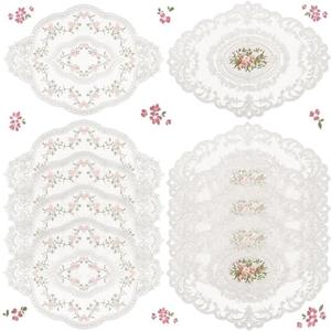 Mixweer 10 Pcs White Retro Lace Placemats Oval Embroidered Table Place Mats French Crochet Doilies Vintage Coasters Cup Mat 12'' x 16'' for Wedding Cup Vase Table Decor