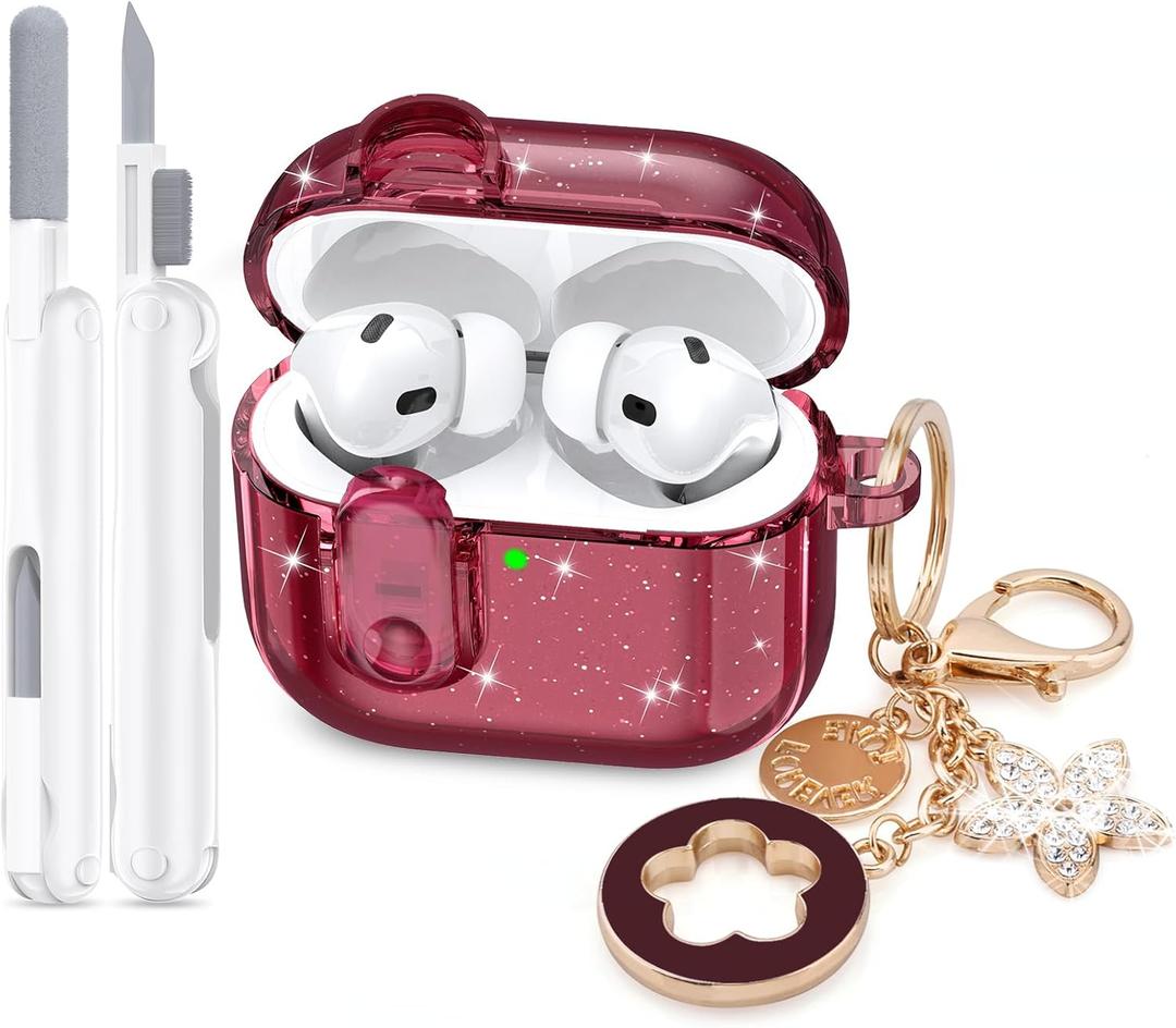 Case for Apple Airpods iPods Pro 3 Cases Cover Clear 2025 Cute Women, VISOOM Cute Air Pods Pro 3 Case Clear Transparent Airpods iPods Pro 3rd Gen Protective Cases with Keychain/Lock/Cleaning Kit (Bling Durgundy)