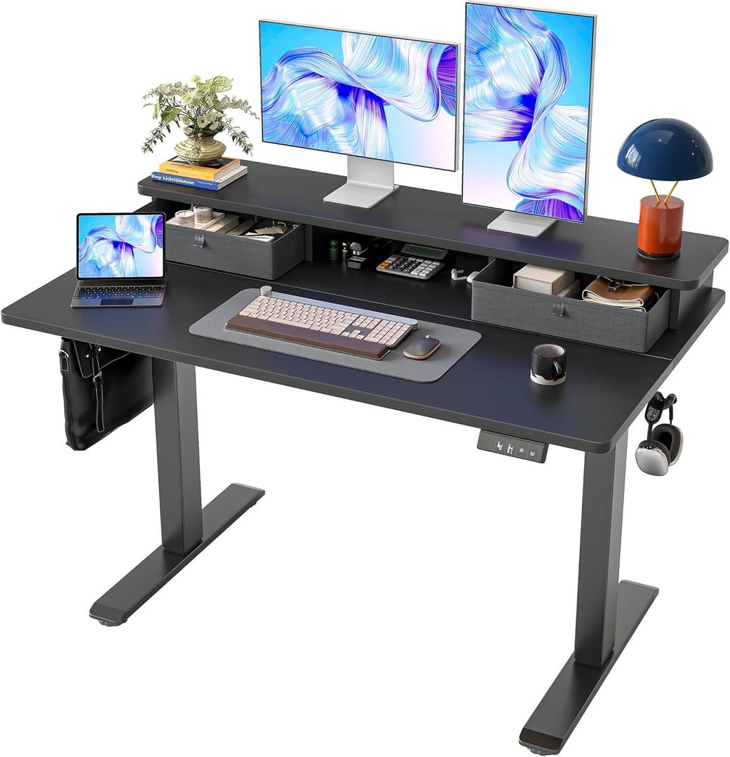 TIQLAB Standing Desk with Two Drawers, Stand Up Standing Desk Adjustable Height, Electric Sit Stand Table with Storage Shelf and Splice Board, 48 * 24 inch, Black