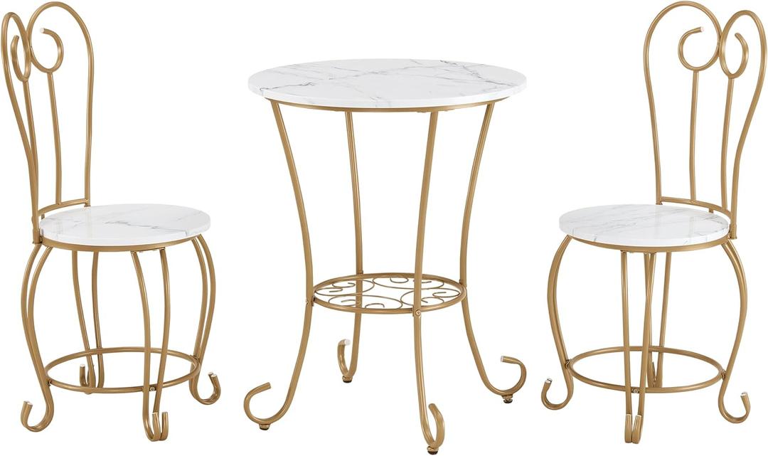 JOIN IRON 2-Piece Bistro Dining Set for Indoor Use, Marble-Look Tabletop with Gold Metal Frame, Vintage French Caf Style Round Table and Chairs for Kitchen, Breakfast Nook, Small Apartment (Gold)