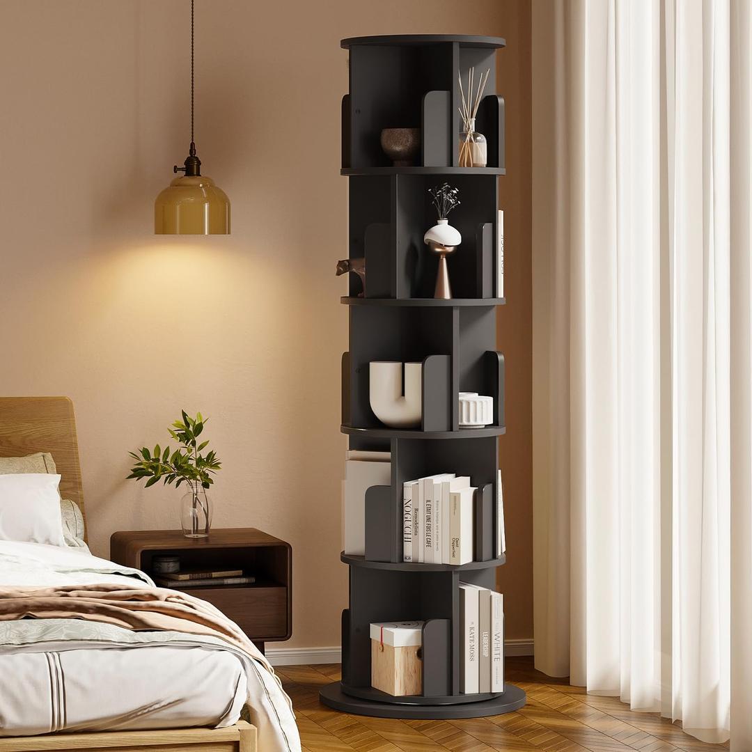 MXV Rotating Bookshelf, 360 Display 5 Tier, Small Corner Bookshelf for Small Space, Floor Standing Bookcase Storage Rack, Wood Narrow Book Shelf Organizer for Bedroom, Living Room, Black