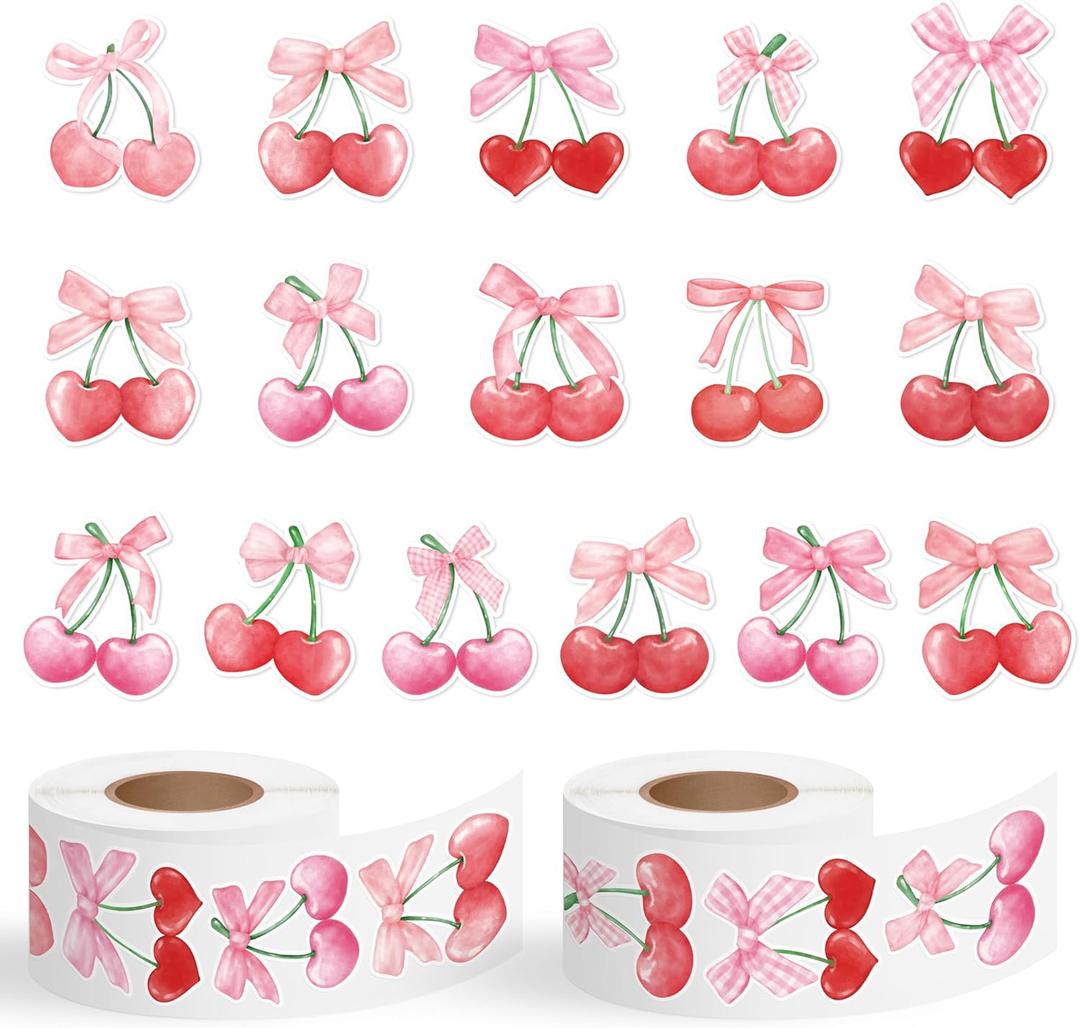 1000pcs Pink Bow Cherry Coquette Sticker Roll (2 Rolls), Watercolor Aesthetic Fruit Decorative Decals, Red & Pink Cherry with Bow Self-Adhesive Stickers for Water Bottle Scrapbook Decor
