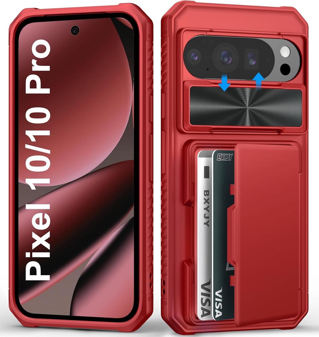 BXYJY for Google Pixel 10 & 10 Pro Wallet Case with Card Holder (4-5 Cards), Military Drop Protection, Slide Camera Cover, Shockproof Heavy Duty Rugged Men Women Phone Case for Pixel 10 & 10Pro, Red