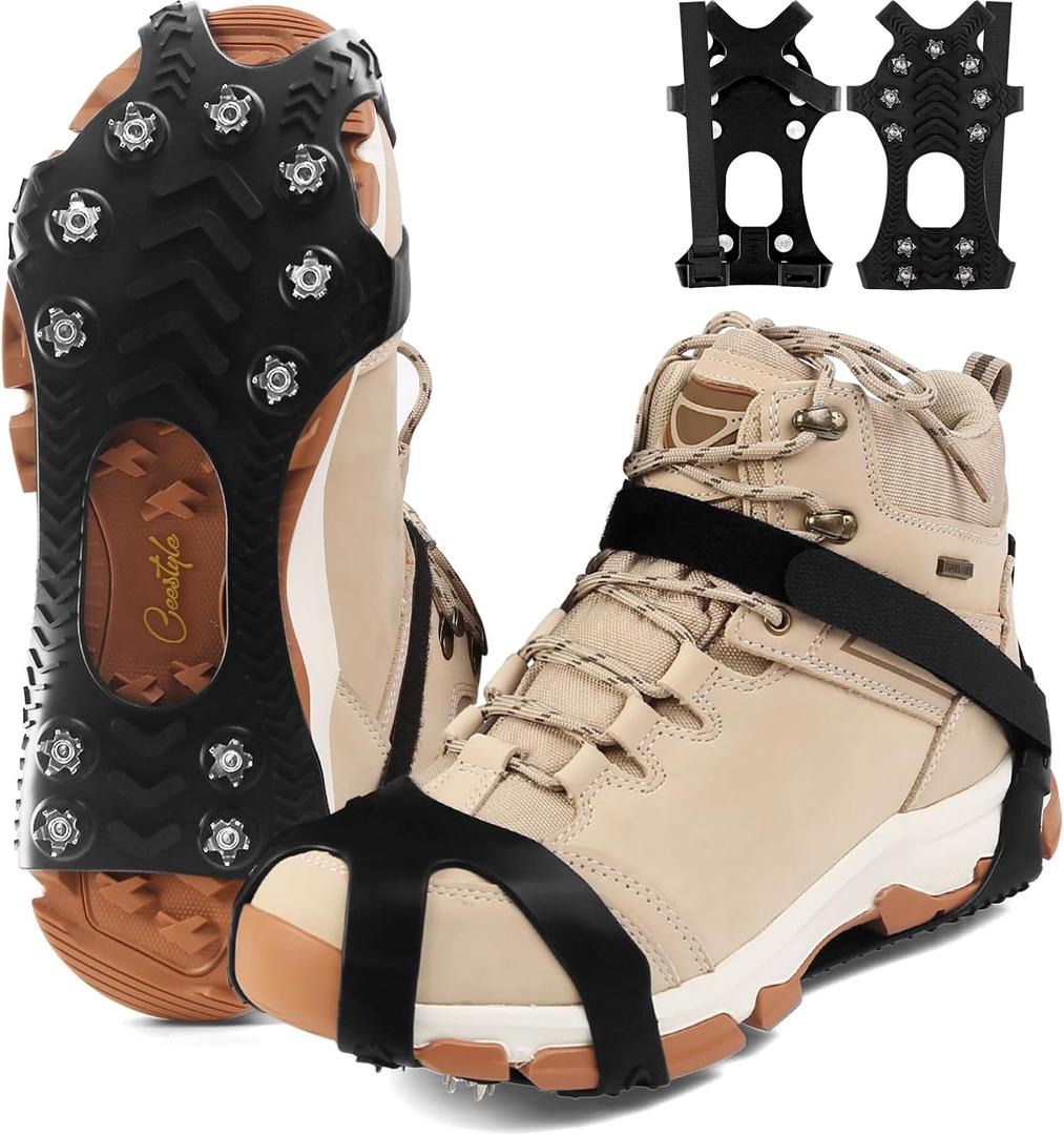 11 Spikes Crampons, Upgraded Version Stainless Steel Anti-Slip Microspikes，Ice Cleats Traction Grips for Hiking Shoes and Boots, Safe Protect for Hiking Fishing Mountaineering Walking Black, Large