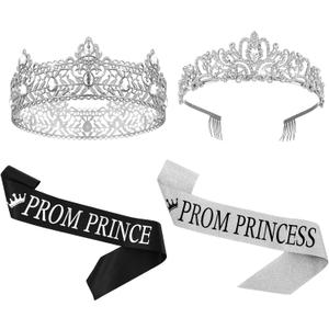 Lyrow 4 Pcs Prom King and Queen Crowns Set with Sashes, King Crowns for Men Rhinestone Princess Crown Tiara for Women 80s Prom Party Gift for Graduation Wedding Birthday Costume(Crystal Style,Silver)