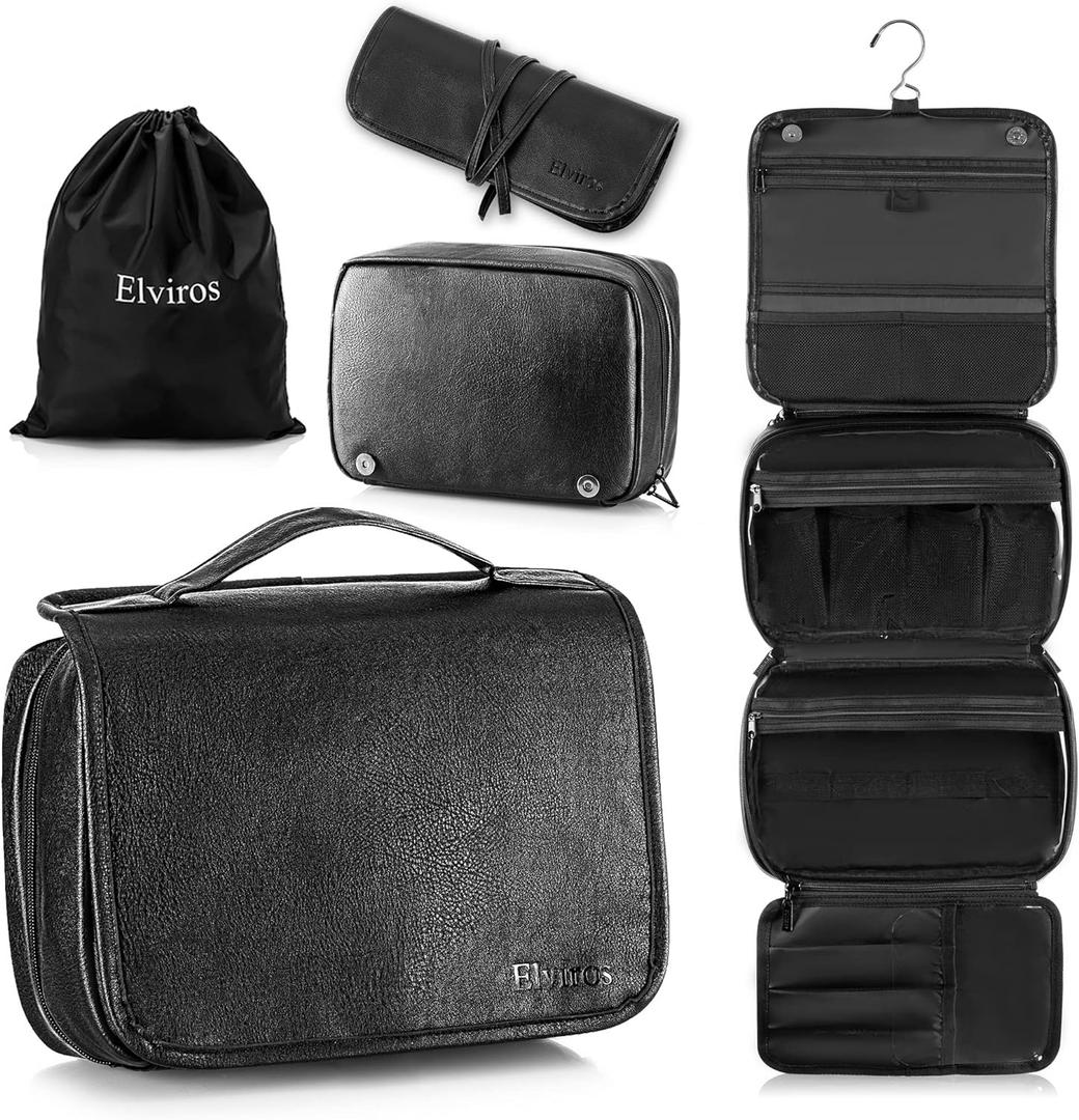 Elviros Hanging Toiletry Bag Removable Travel Bag PU leather Makeup Cosmetic Organizer Kit, Black (1 Pack)