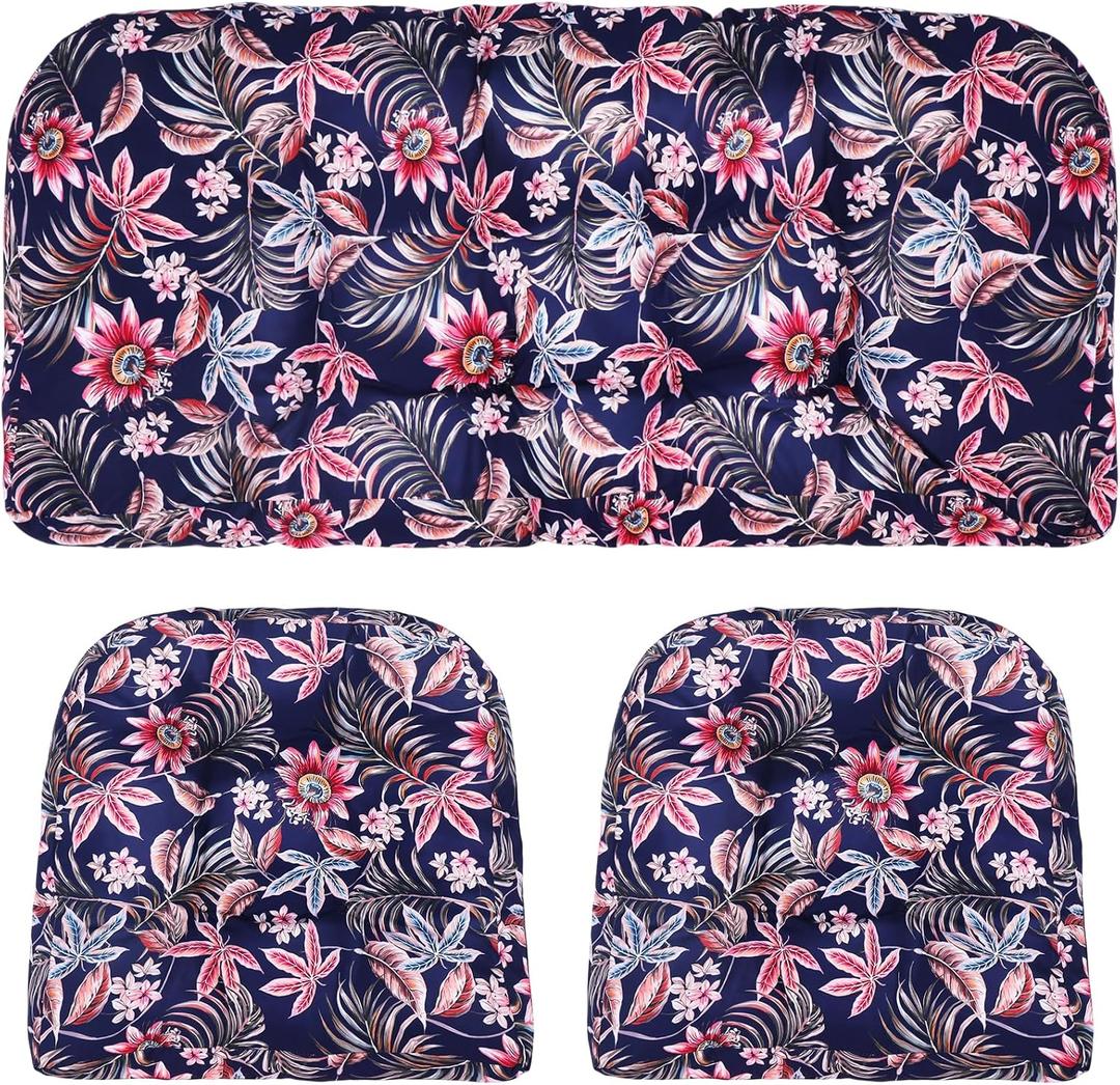 3 Pcs Wicker Chair Outdoor Cushion for Furniture, 1 Loveseat Seat and 2 U-Shape Cushion for Patio Furniture(Tropical Floral)