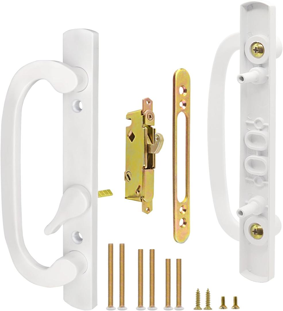 Patio Sliding Glass Door Handle Set with Mortise Lock 45 Keyway, Non-Keyed Offset Position Zinc Diecast I/E Pull Handles, Fits 3-15/16" H.C., 1-3/8" to 2-1/4" Thick Doors, Non-Handed, White