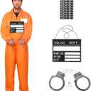 Inmate Costume Men, Orange Prisoner Costume Jail Jumpsuit Convict Outfits Halloween Costumes for Men (Small, Style B)