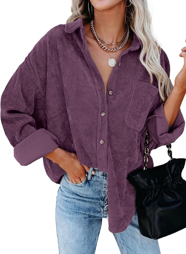 Dokotoo Womens Corduroy Button Down Shirts Boyfriend Long Sleeve Oversized Blouses Tops